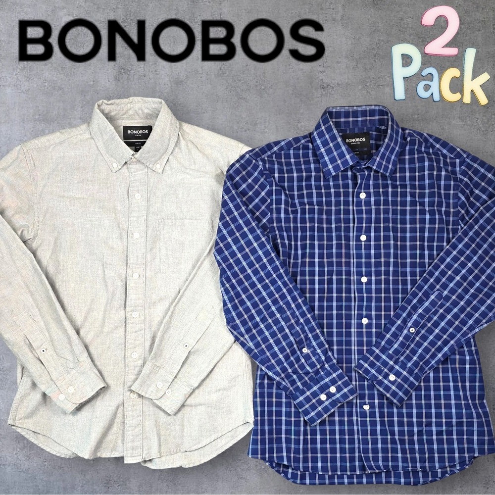 Bonobos 2pk Button Down Mens Small S Cotton Grey Navy Plaid Stretch Wrinkle Free